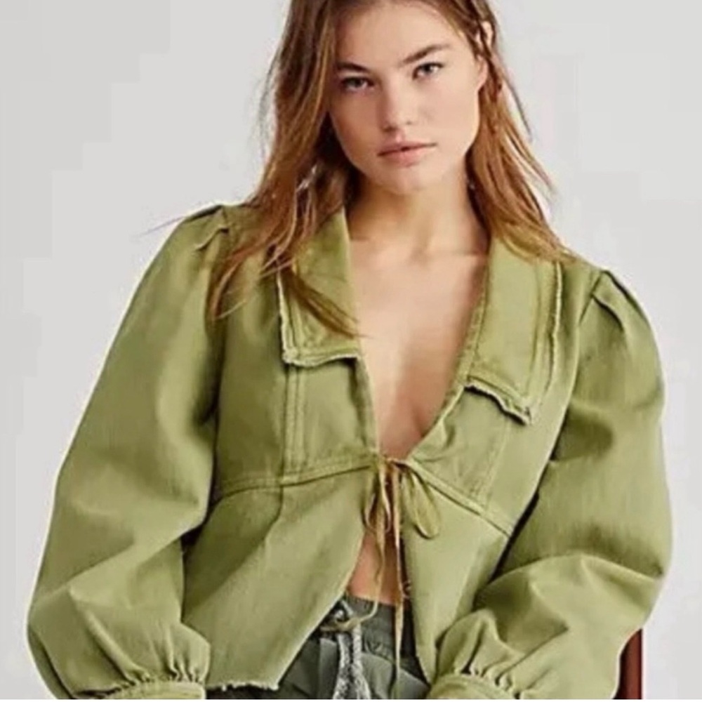 Free People Olive Green Utility Jacket with Tie Front